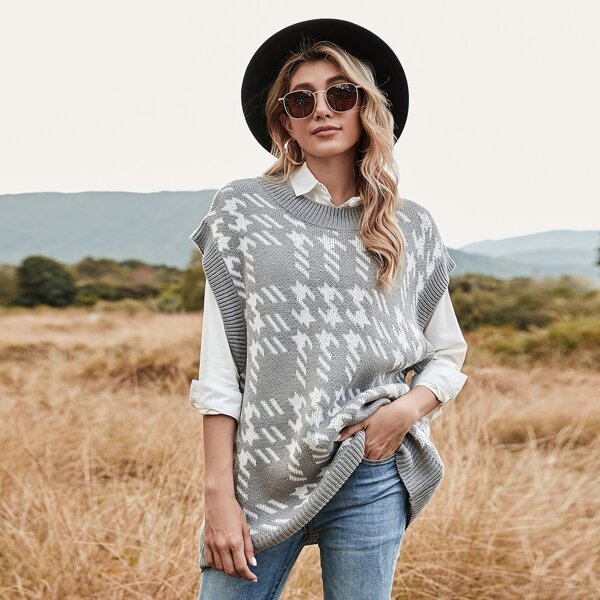 

Houndstooth Pattern Sweater Vest, Grey