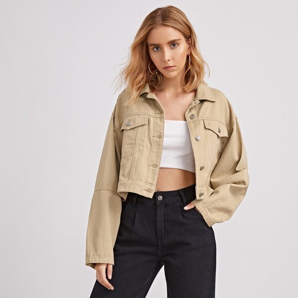 

Drop Shoulder Flap Pocket Denim Jacket, Khaki