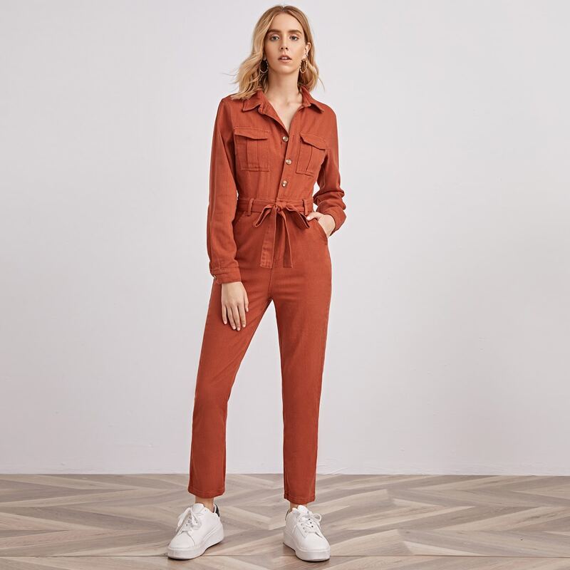 

Flap Pocket Belted Button Front Denim Jumpsuit, Burnt orange