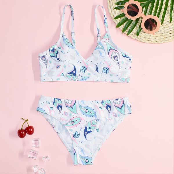 

Girls Paisley Print Bikini Swimsuit, Multicolor