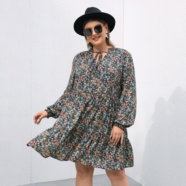 

Plus Allover Floral Print Tie Neck Smock Dress, Multicolor