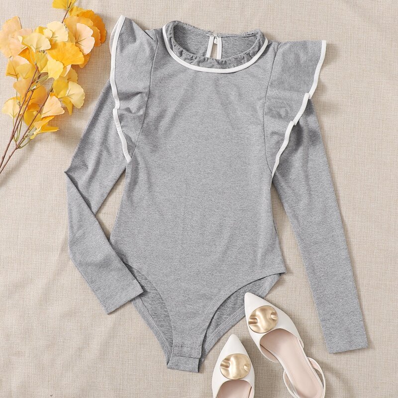 

Contrast Binding Ruffle Trim Bodysuit, Light grey