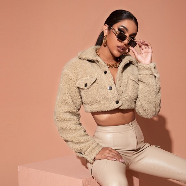 

Button Front Teddy Crop Jacket, Khaki