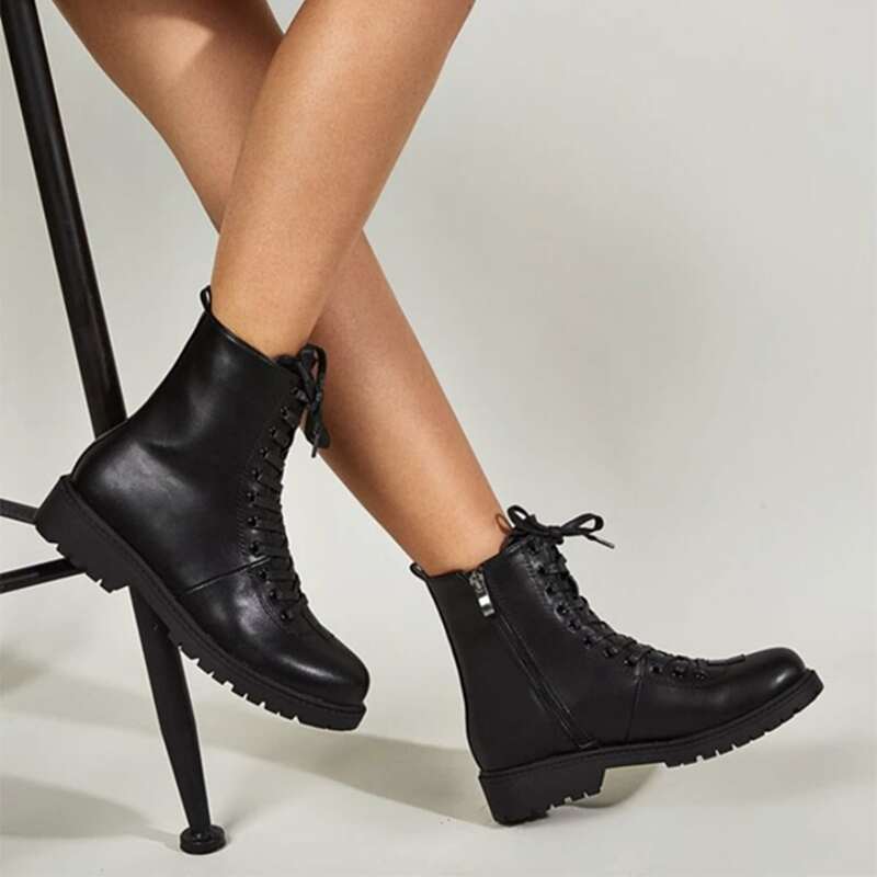 

Side Zip Lace-up Combat Boots, Black
