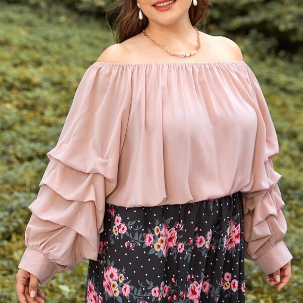 

Plus Draped Bishop Sleeve Crop Blouse, Baby pink