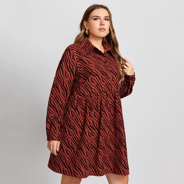 

Plus Zebra Stripe Half Button Denim Babydoll Dress, Multicolor