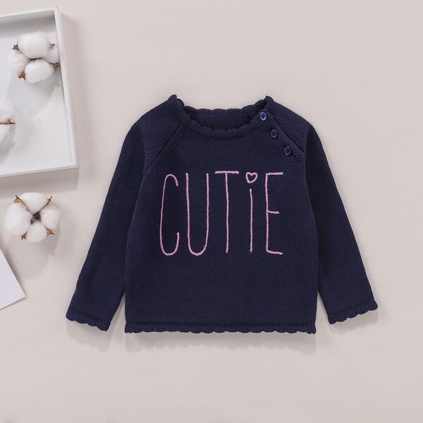 

Baby Girl Letter & Heart Print Button Sweater, Navy blue