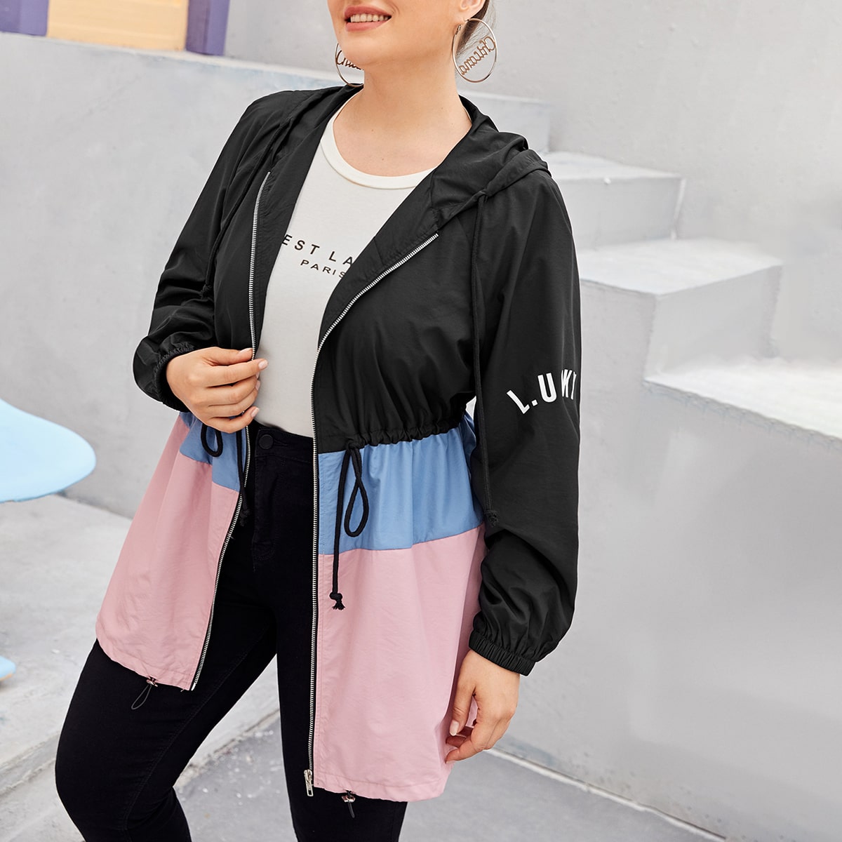 Image of Plus Letter Graphic Colourblock Drawstring Waist Windbreaker Jacket