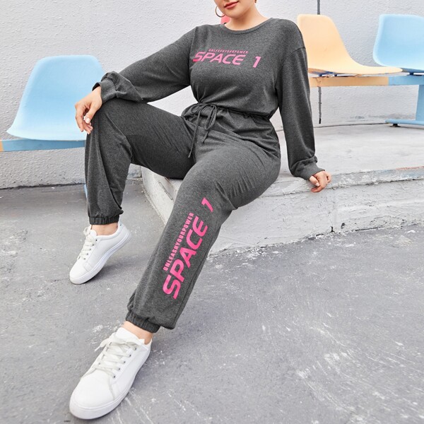 

Plus Letter Graphic Drawstring Waist Jumpsuit, Dark grey