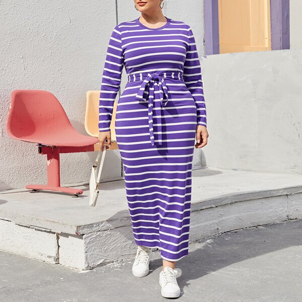 

Plus Striped Split Hem Belted Dress, Violet purple