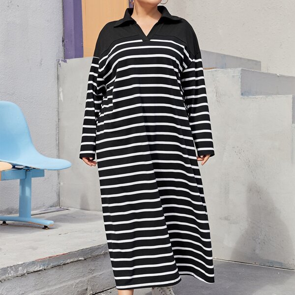 

Plus Striped Drop Shoulder Dress, Black and white