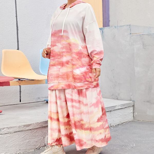 

Plus Tie Dye Drop Shoulder Drawstring Hoodie & Skirt Set, Multicolor