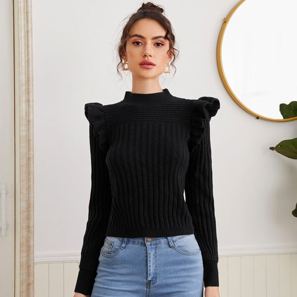 

Mock Neck Ruffle Detail Sweater, Black