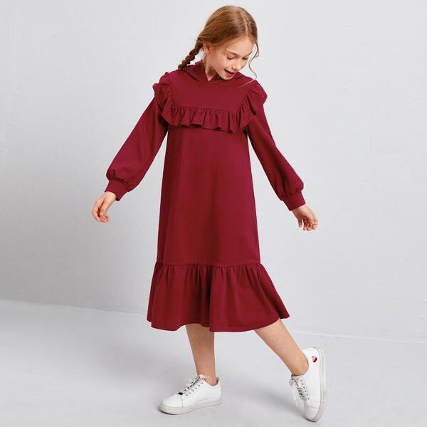 

Girls Solid Ruffle Hem Hooded Sweatshirt Dress, Burgundy