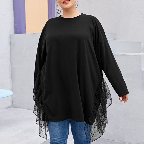 

Plus Mesh Ruffle Detail Drop Shoulder Tee, Black