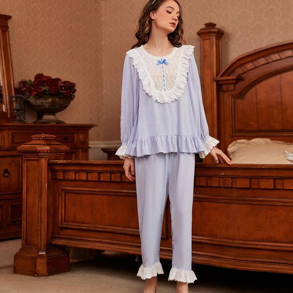 

Eyelet Embroidery Panel PJ Set, Baby blue