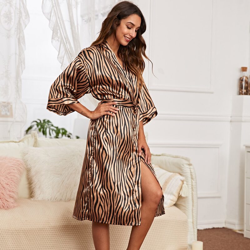 

Zebra Stripe Self Tie Satin Night Robe, Multicolor