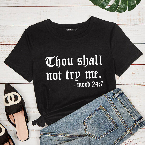 

Slogan Graphic Crew Neck Tee, Black