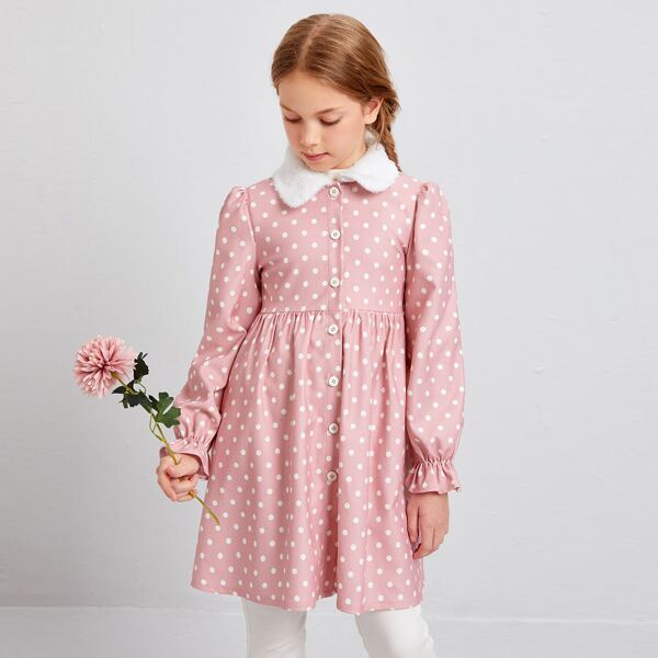 

Girls Polka Dot Flounce Sleeve Button Up Coat, Baby pink