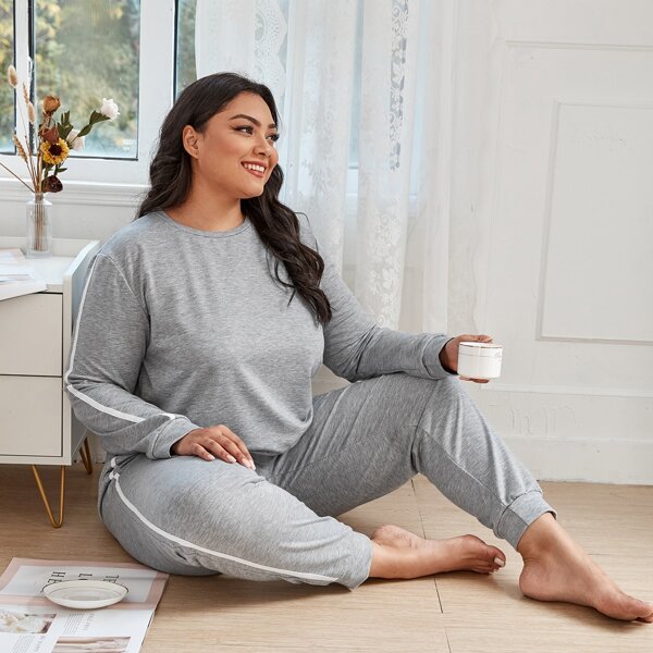 

Plus Contrast Tape Sweatshirt & Sweatpants Pajama Set, Grey