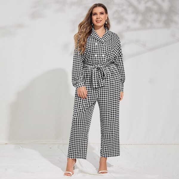 

Plus Gingham Double Button Self Tie Jumpsuit, Black and white