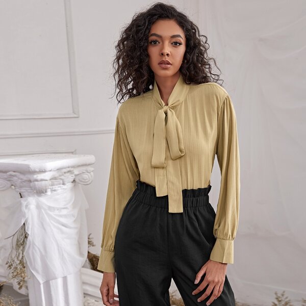 

Tie Neck Drop Shoulder Solid Top, Khaki