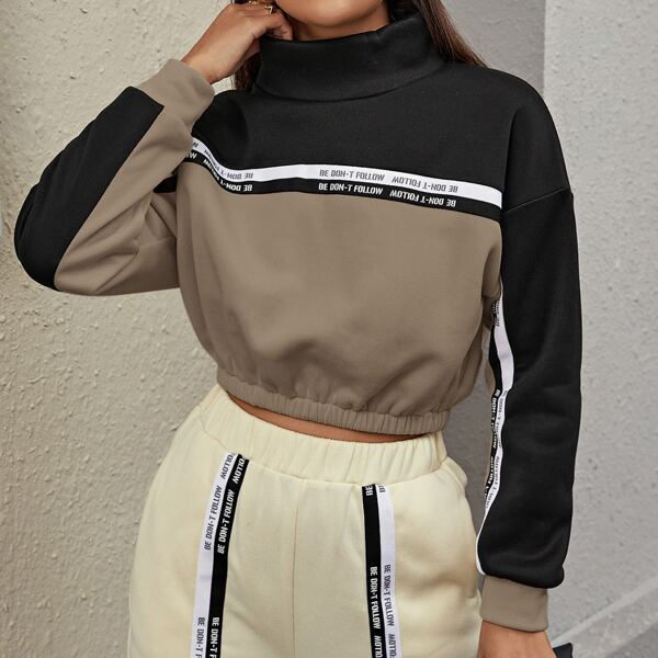 

Funnel Neck Slogan Tape Detail Colorblock Pullover, Multicolor