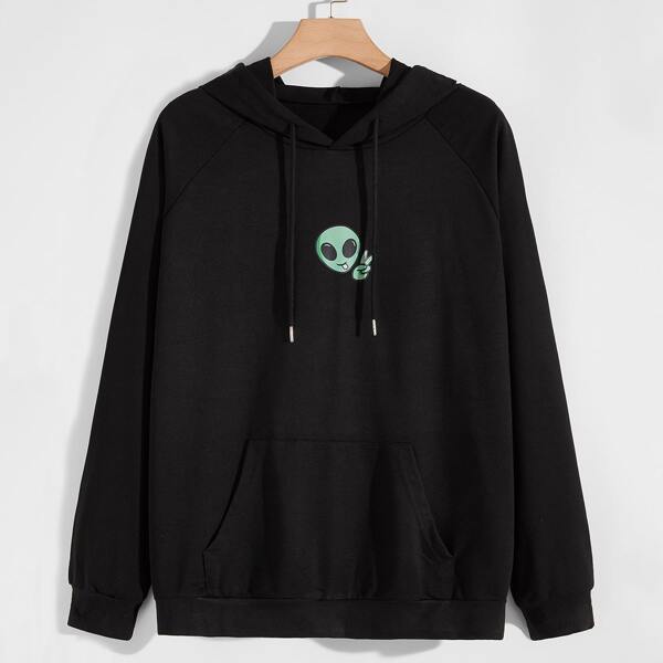 

Men Alien Print Raglan Sleeve Hoodie, Black