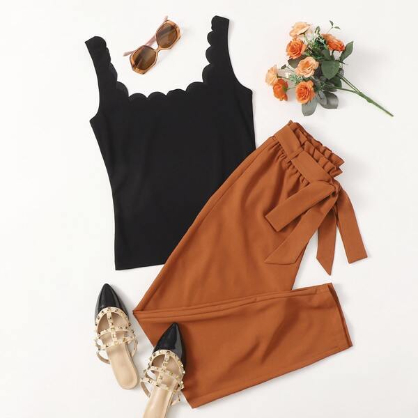 

Scallop Trim Tank Top & Belted Pants Set, Multicolor