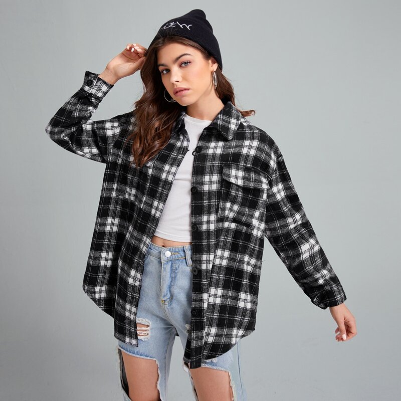 

Plaid Button Front Pocket Overshirt, Black and white