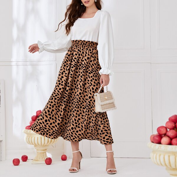 

Flounce Sleeve Top and Shirred Paperbag Waist Skirt Set, Multicolor