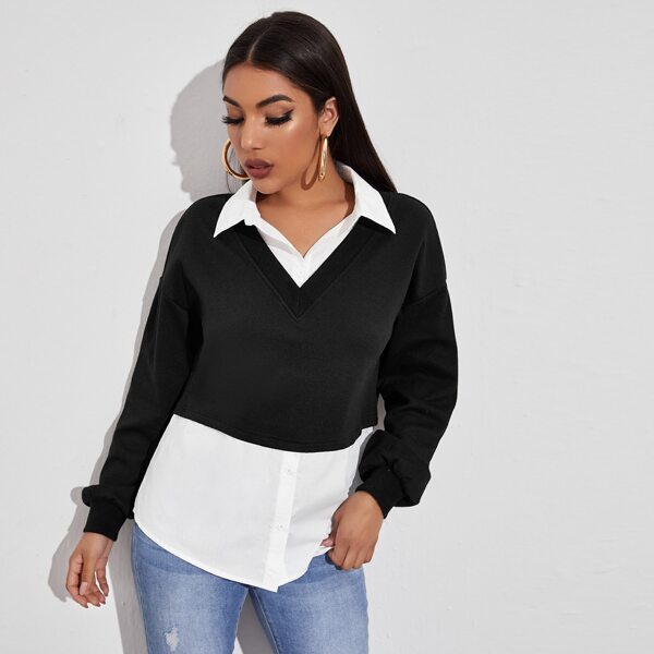 

Drop Shoulder 2 In 1 Colorblock Top, Black and white