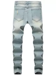Manfinity LEGND Men Cotton Washed Ripped Skinny Jeans Plain Slim Fit Long Distressed Light Blue Cargo Jeans Light Jeans, For Husband, Boyfriend Gifts Going Out Party Urban Work Vacation