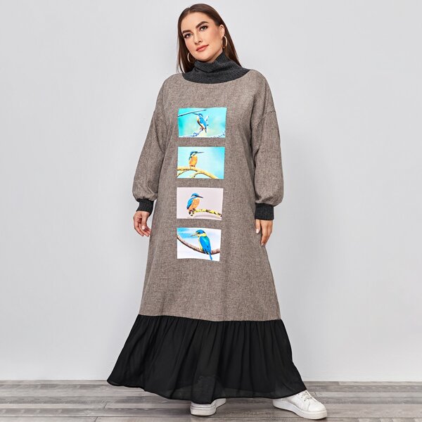 

Plus Rib-knit Funnel Neck and Cuff Flounce Sleeve Dress, Mocha brown