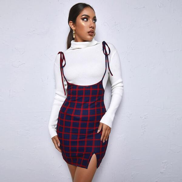 

Tie Shoulder Split Hem Grid Suspender Dress, Multicolor