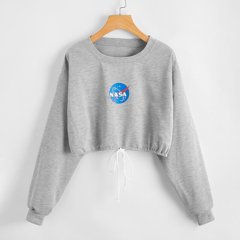 

Letter Graphic Drawstring Crop Sweatshirt, Light grey