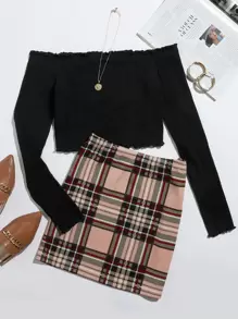 SHEIN Essnce Off Shoulder Lettuce Edge Tee and Tartan Skirt Set - Multicolor - View 1