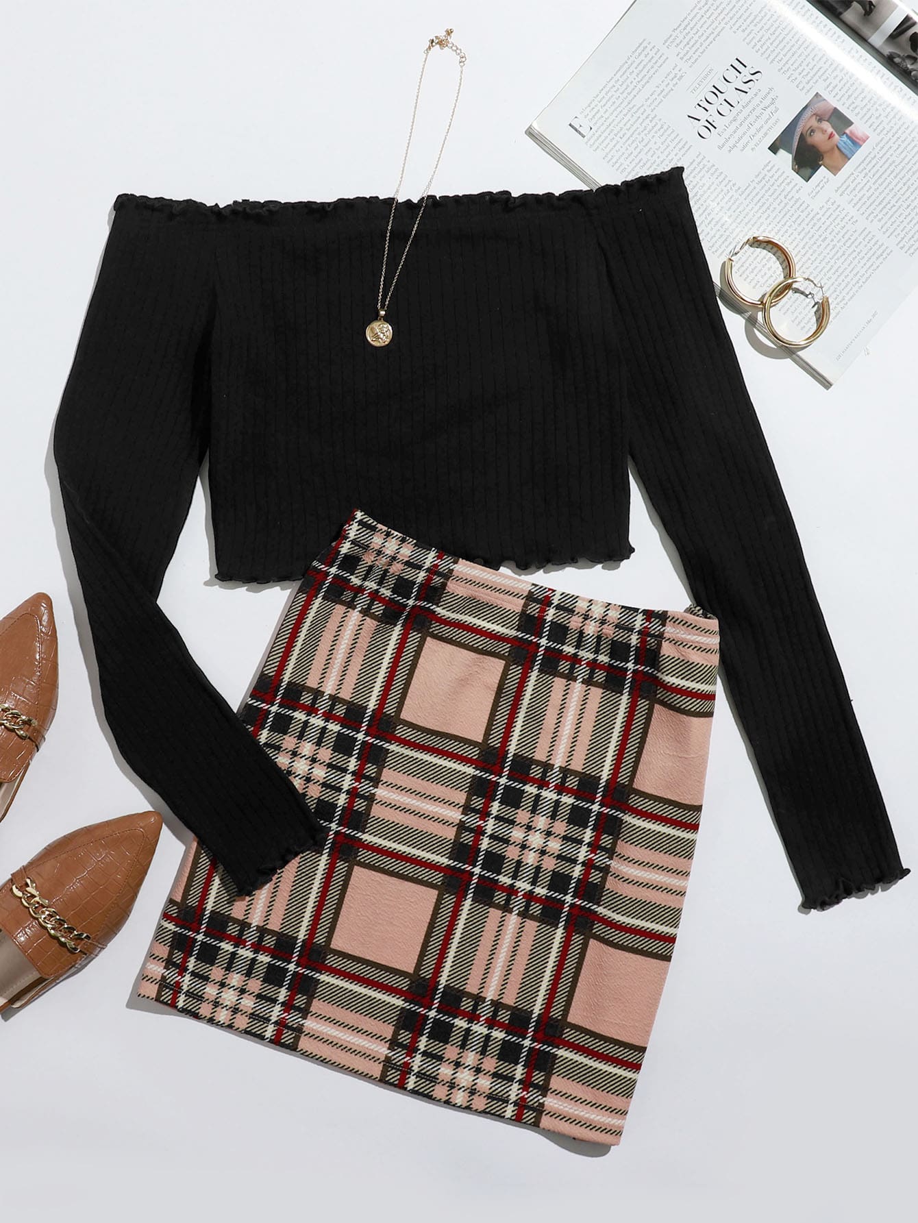 SHEIN Essnce Off Shoulder Lettuce Edge Tee and Tartan Skirt Set - Multicolor - View 1