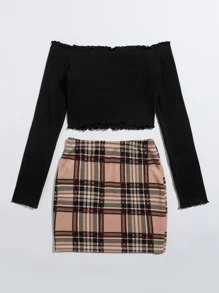 SHEIN Essnce Off Shoulder Lettuce Edge Tee and Tartan Skirt Set - Multicolor - View 2