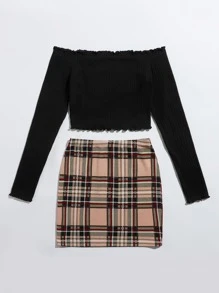 SHEIN Essnce Off Shoulder Lettuce Edge Tee and Tartan Skirt Set - Multicolor - View 3