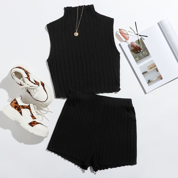 

Lettuce Edge Tank Top and Legging Shorts Set, Black
