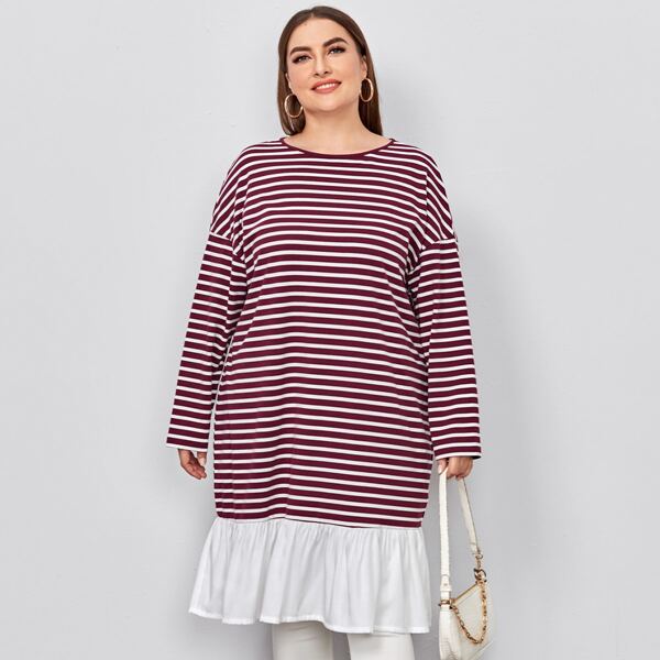 

Plus Drop Shoulder Contrast Ruffle Hem Striped Longline Tee, Red and white