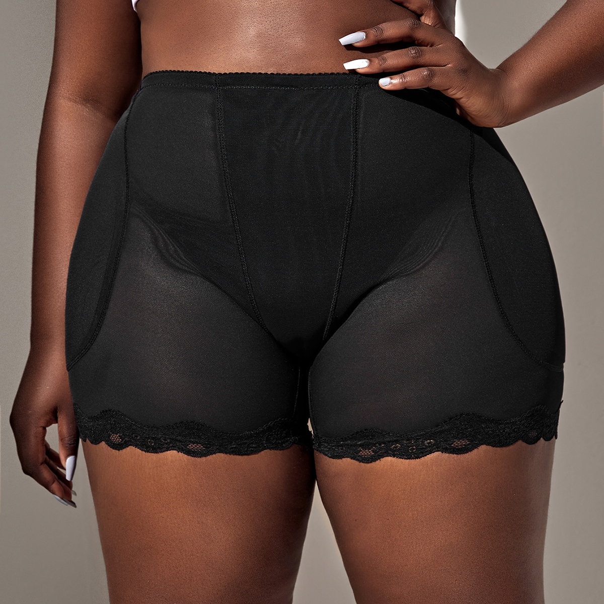 Image of Plus Mesh Lace Trim Shapewear Shorts