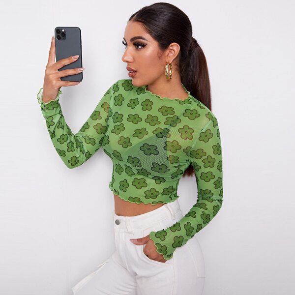 

Lettuce Edge Floral Mesh Top Without Bra, Green