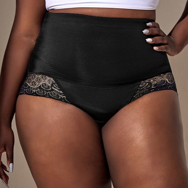 

Plus Contrast Lace Shapewear Shorts, Black