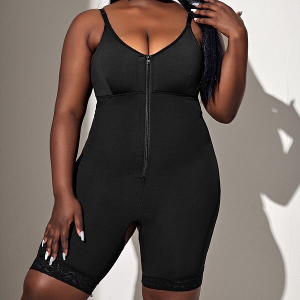 

Plus Lace Trim Zipper Front Shapewear Romper, Black