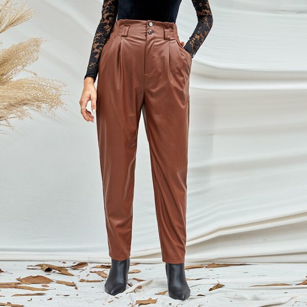 

Slant Pocket Button Fly PU Pants, Rust brown