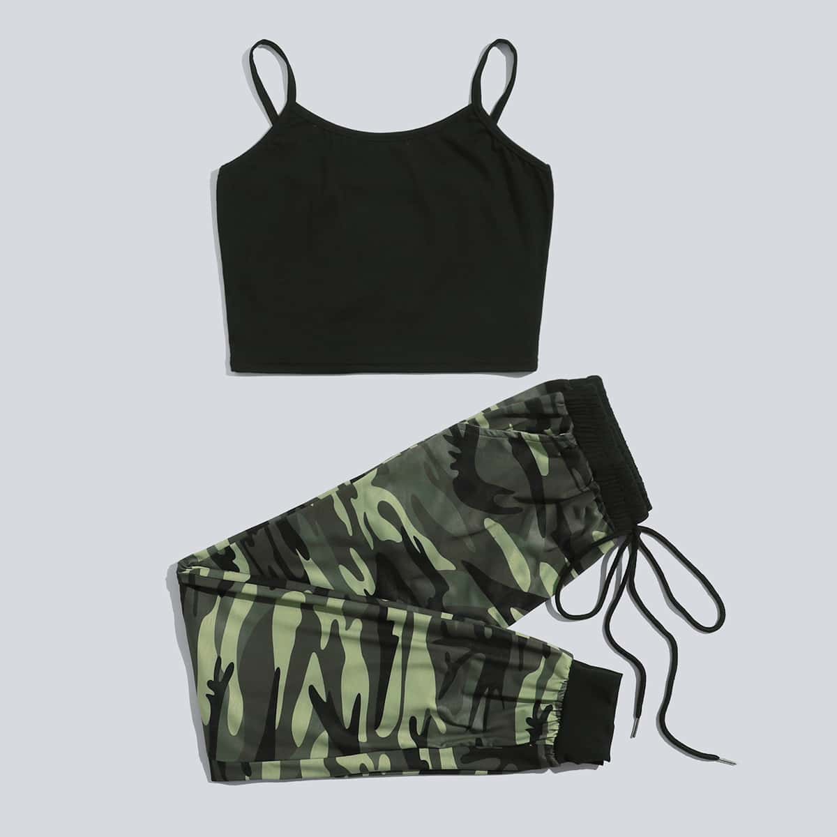 

Solid Crop Cami & Drawstring Camo Pants, Multicolor