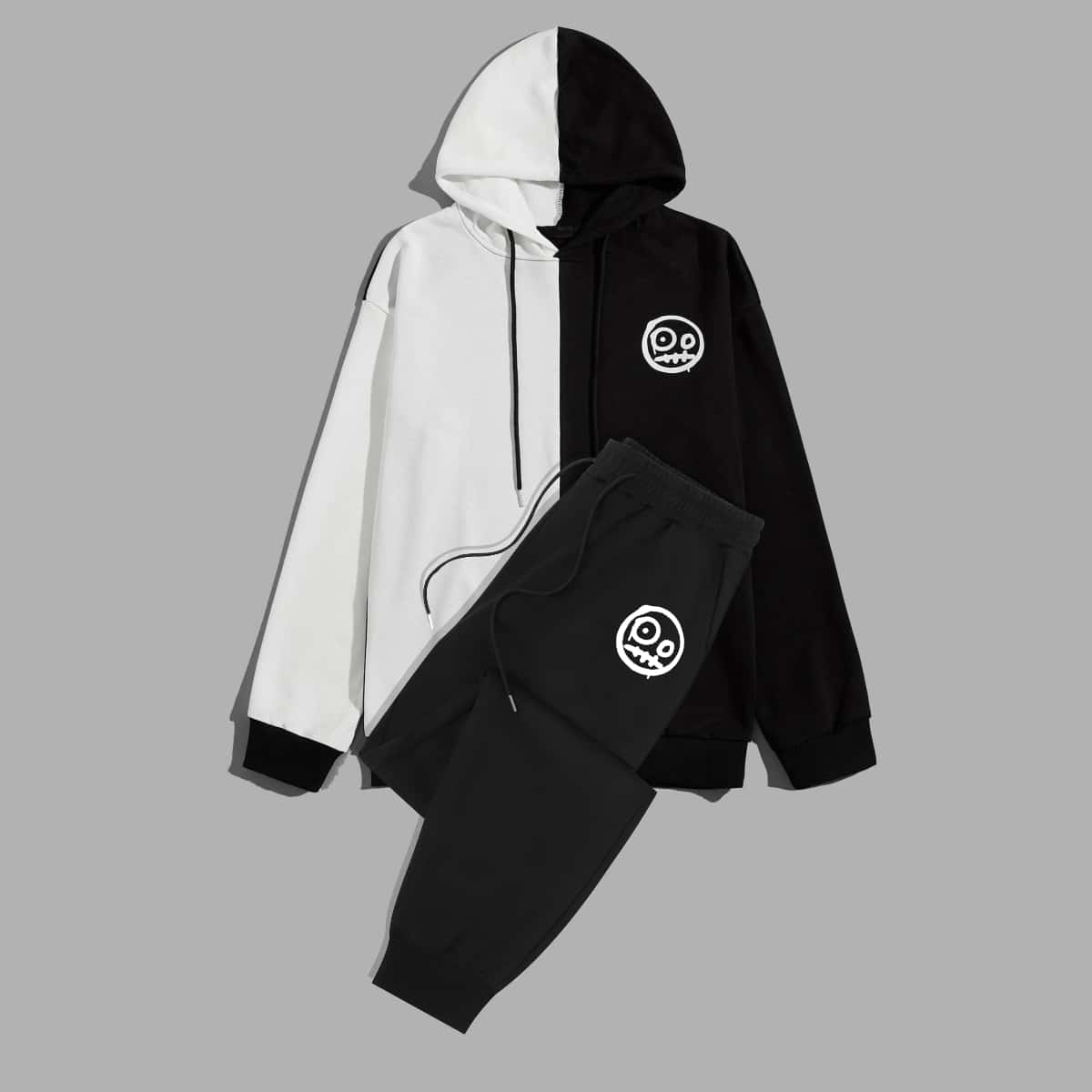 

Guys Graphic Colorblock Drawstring Hoodie & Sweatpants, Black and white