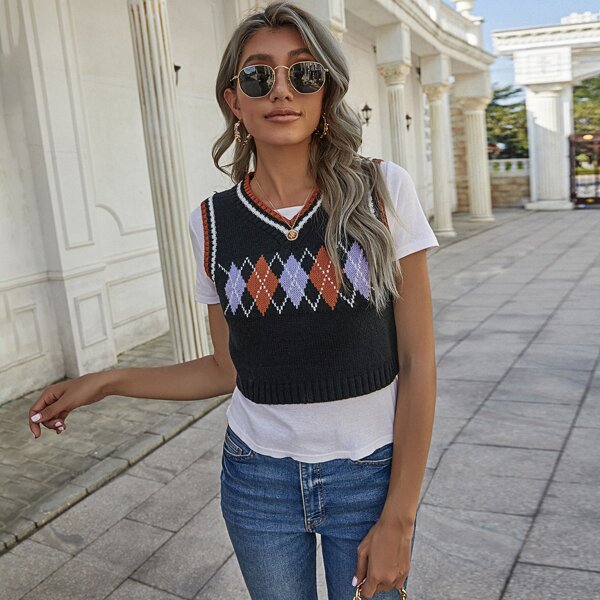 

Argyle Pattern Sweater Vest, Black